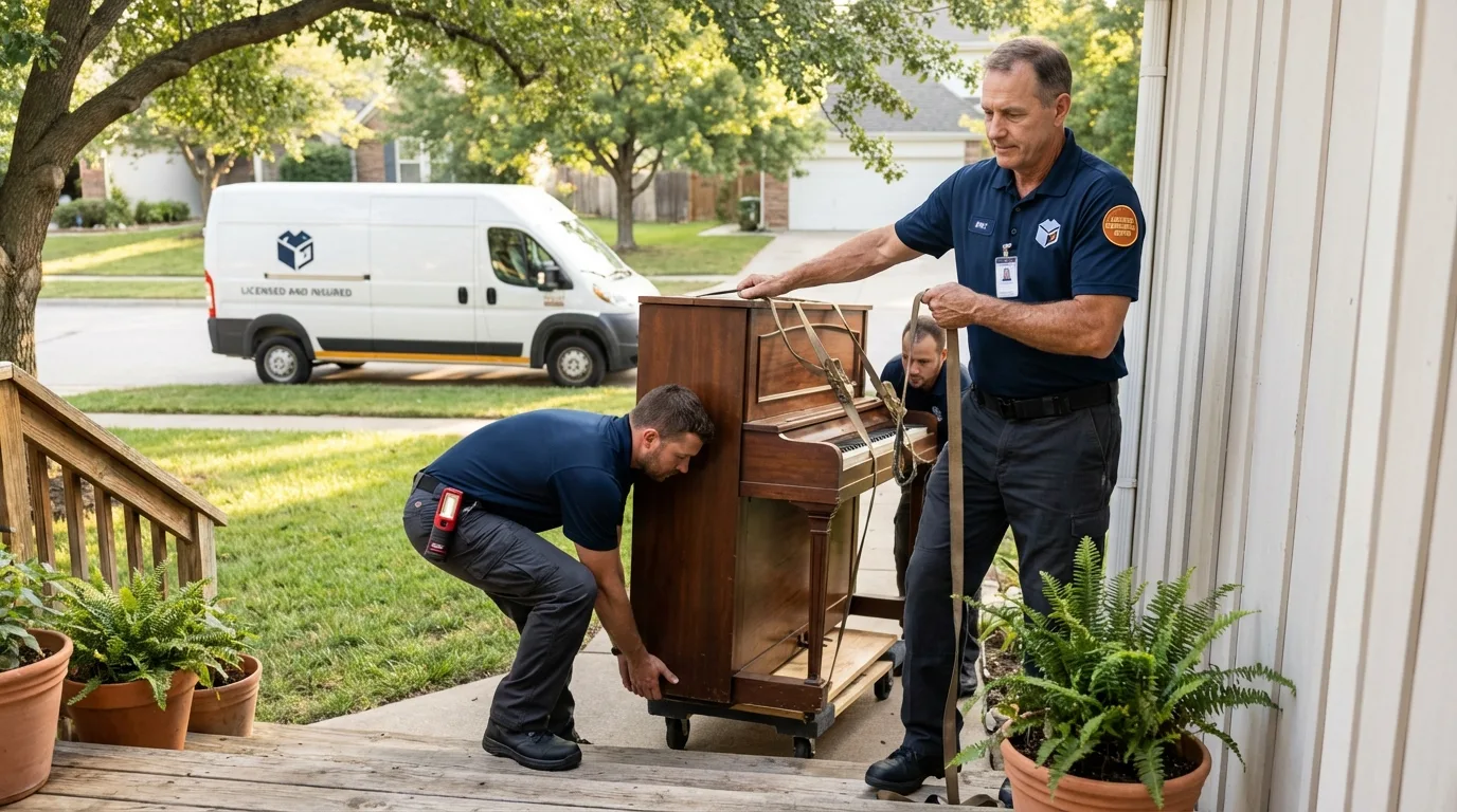 Licensed piano movers securing grand piano in Glen Ellyn, IL