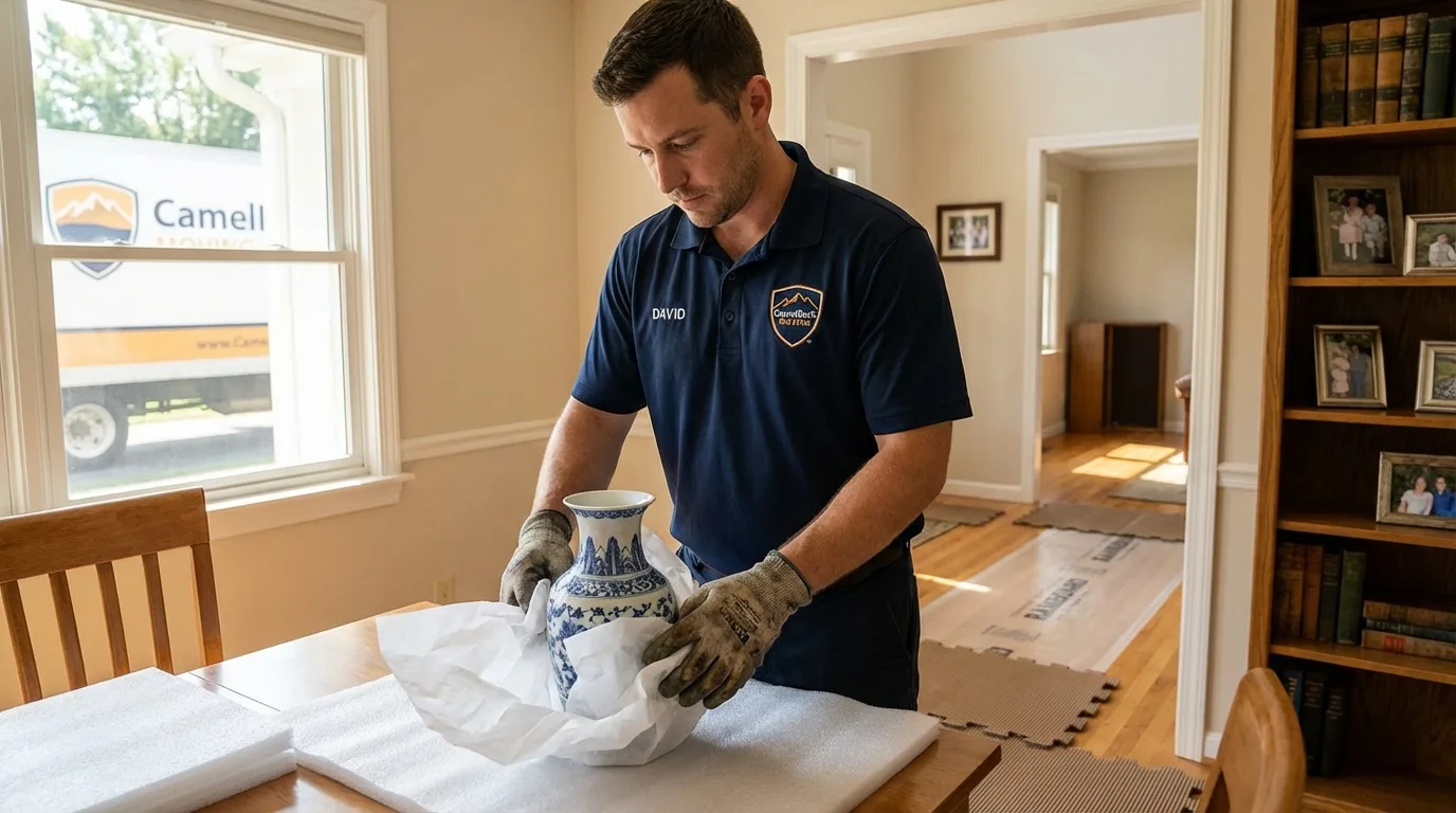 Professional crew carefully wrapping antique vase for senior downsizing move in Glen Ellyn, IL